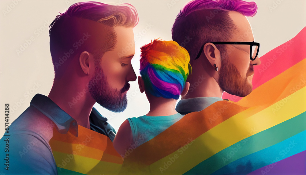 Father's day. Males and boy among rainbow flag for LGBTQ+. Gay friendly