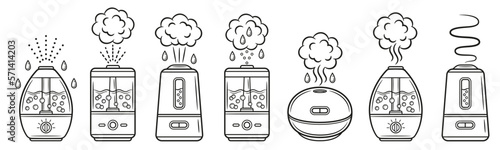 Humidifier air, home purifier cleaner device with steam line icon set. House room humidity control. Aroma diffuser. Electric clean appliance. Water vapor moisturize household equipment. Outline vector