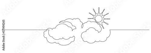 One continuous line drawing of Clouds with sun in the sky. Weather symbol and storage concept in simple linear style. Editable stroke. Doodle vector illustration