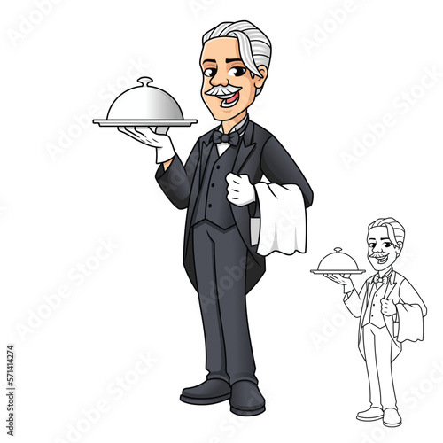 Happy Butler Holding a Platter Vector Character Illustration