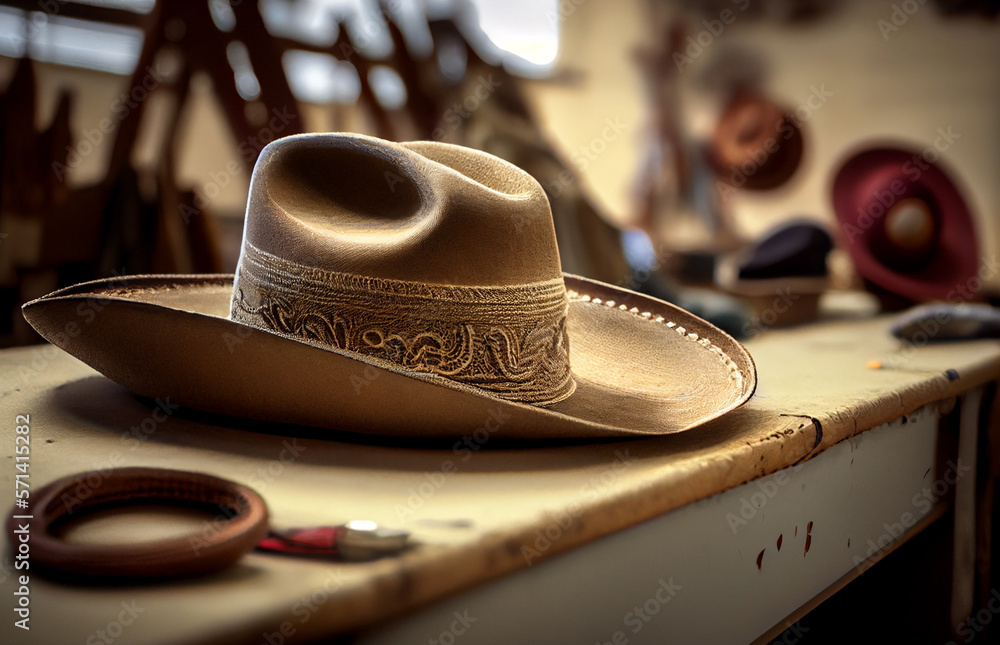 Cowboy hat in production. Tools for making traditional American clothing. Interior of the workshop