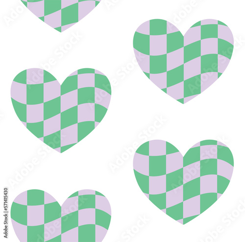 Vector seamless pattern of purple green groovy checkered chess board texture heart isolated on white background