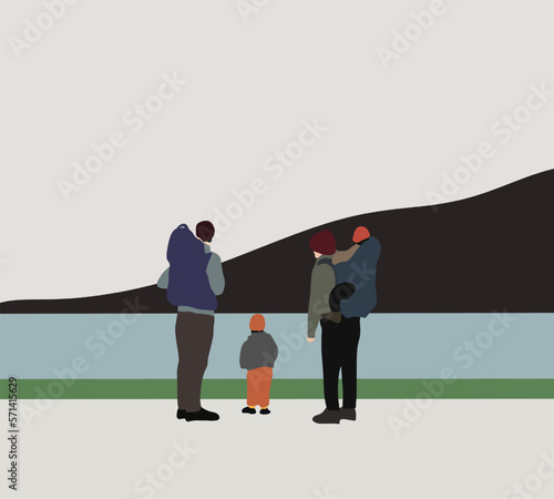 Gay Male Couple With Children hiking on mountain and standing near lake during their summer vacation. LGBTQ lovers traveling. Family concept.