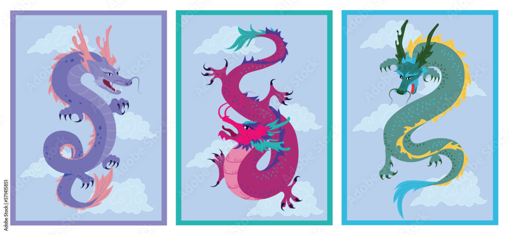 Obraz premium Set of various cards with Dragons. Posters with traditional symbols of Chinese culture. Covers with mythological creatures. Design elements with zodiac signs for tattoo. Cartoon flat vector collection