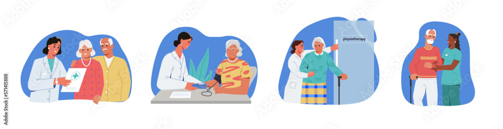Elderly healthcare illustration set. Old men and women on medical examination for prevention of senile diseases. Seniors consulting with doctor. Modern geriatrics. Cartoon flat vector collection Elderly healthcare illustration set. Old men and women on medical examination for prevention of senile diseases. Seniors consulting with doctor. Modern geriatrics. Cartoon flat vector collection