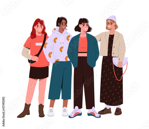 Group of friends or feminist activists. Four beautiful smiling teenage girls in stylish casual clothes. Young women standing together. Sisterhood and gender equality. Cartoon flat vector illustration