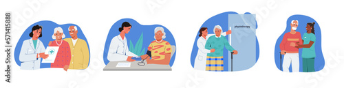 Elderly healthcare illustration set. Old men and women on medical examination for prevention of senile diseases. Seniors consulting with doctor. Modern geriatrics. Cartoon flat vector collection
