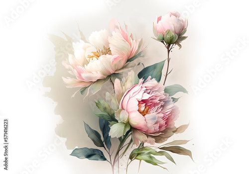 Generative AI. Peonies floral arrangement. Watercolor illustration isolated on white background.