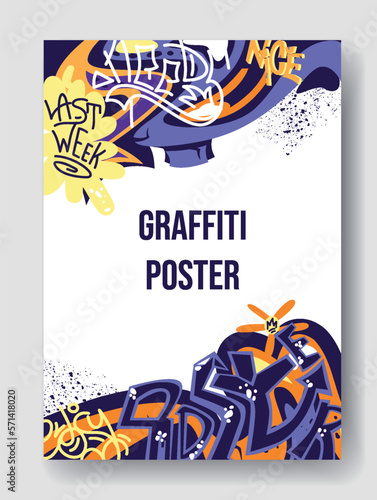 Abstract graffiti poster. Modern street art banner with multicolored strokes, scribbles, quotes and tags. Cover drawn from spray can. Cartoon flat vector illustration isolated on gray background