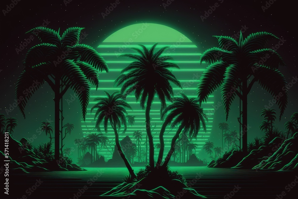 Tropical trees surround a glowing green screen. Illustration in the synthwave aesthetic. compose in a retrofuturistic style. wallpaper that is retro. Generative AI