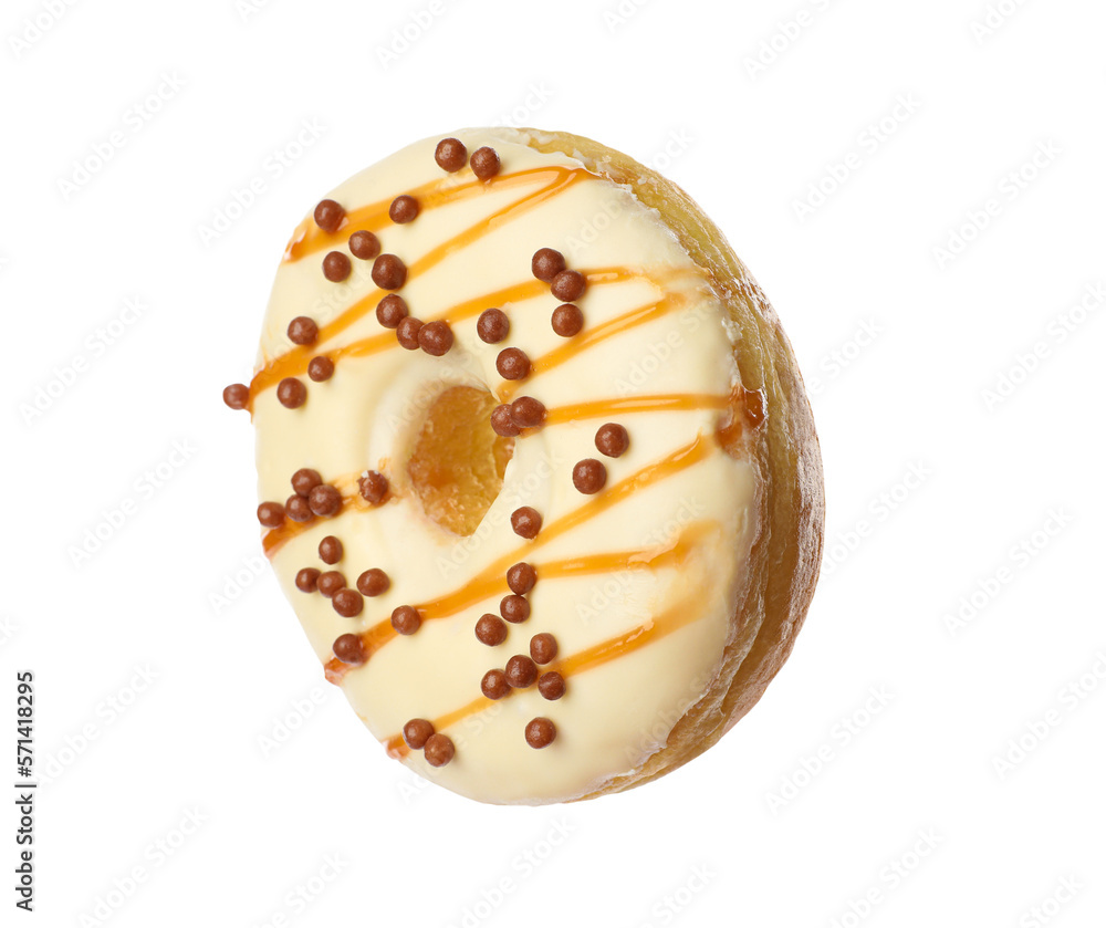 Sweet tasty glazed donut with crispy balls isolated on white Sweet tasty glazed donut with crispy balls isolated on white