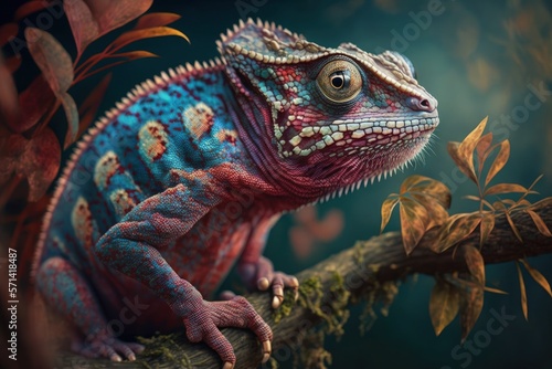 Close up of a chameleon panther  with the animal mounting a branch and displaying stunning coloring. Generative AI