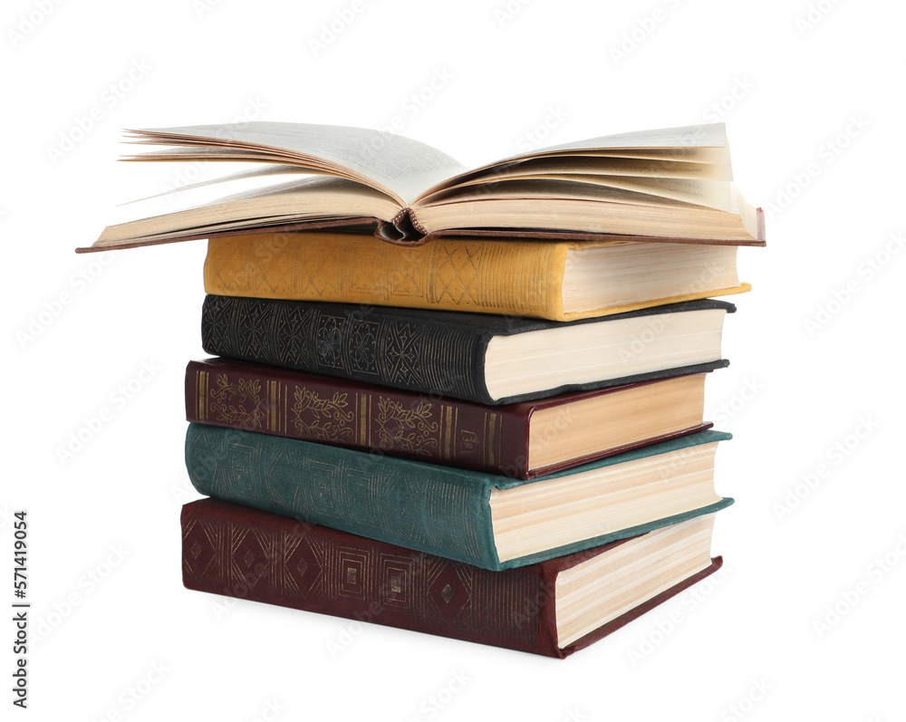 Stack of many old hardcover books isolated on white Stack of many old hardcover books isolated on white