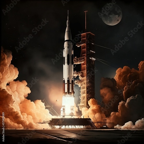 Ultra-realistic image of the Saturn V rocket taking off at night  photo