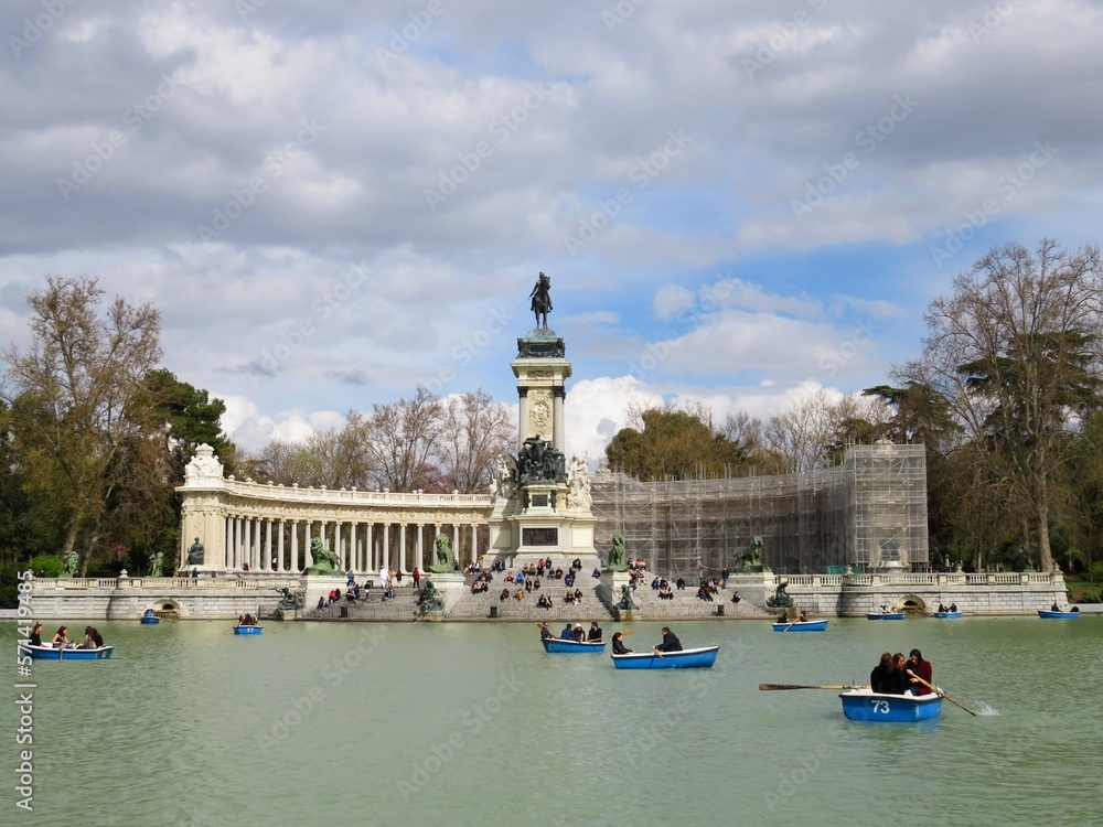 lake with boats in Retiro park, Madrid, Spain