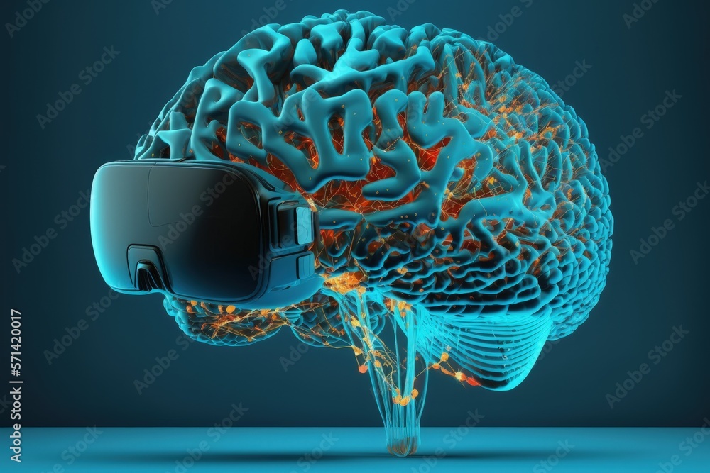 Virtual reality with a brain, artificial intelligence in virtual reality on a blue background. Conceptual concept in the upcoming world of artificial intelligence, AI Technology. Generative AI Virtual reality with a brain, artificial intelligence in virtual reality on a blue background. Conceptual concept in the upcoming world of artificial intelligence, AI Technology. Generative AI