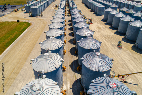 Aerial View of Massive midwestern grain storage bin facility.