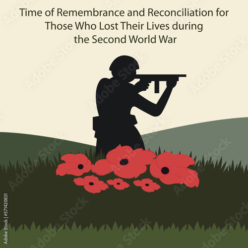 illustration vector graphic of silhouettes of soldiers holding guns behind roses, perfect for international day, remembrance reconciliation, those who lost, their lives during, second world war.