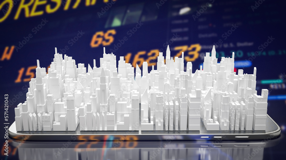 The city on mobile on chart background for business concept 3d rendering