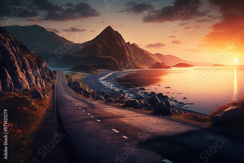 Sunrise scene of a mountain landscape, sea, and asphalt road. Generative AI