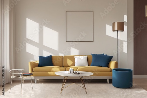Bright Mid Century Living Room Interior with Blank Photo Frame Mockup and Yellow Couch Made with Generative AI © Bryan