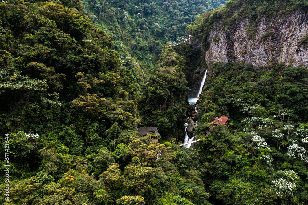 The famous waterfall named Pailon del Diablo seen from a distance