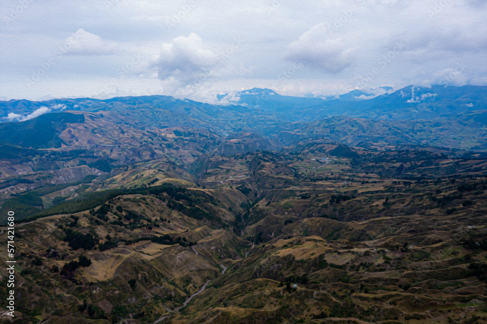 Aerial view of the steep hills and ravines high up in the mountains of the andes