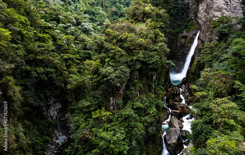 Tropical forest with a large waterfall: nature background