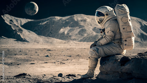 An astronaut deep in thought on the moon in the solar system (generative AI)