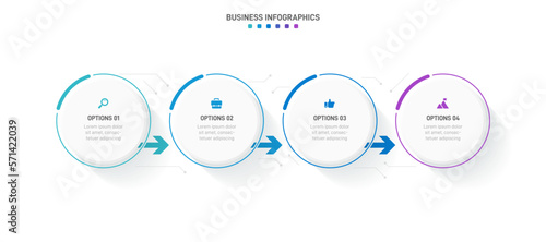 Timeline infographic with infochart. Modern presentation template with 4 spets for business process. Website template on white background for concept modern design. Horizontal layout.