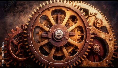 Vintage rusty Machinery gears steampunk background. Generative AI