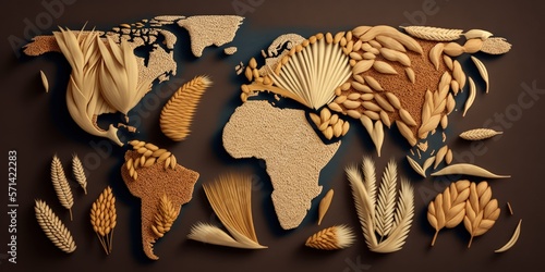 A grain, rye, wheat, oat, barley, millet, and spelt world map. global food, the concept of ending hunger, or agriculture. Generative AI