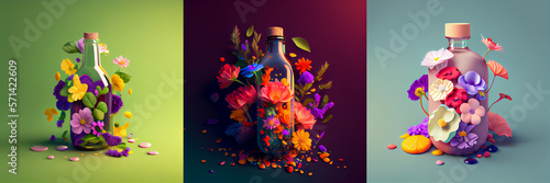 Spring floral abstract composition with a glass bottles, colorful flowers, floral art, beautiful spring art, collection, background with leaves 