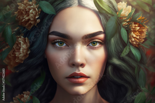 Breathtaking Beauty: Young woman with nature-inspired hair and makeup, generative ai