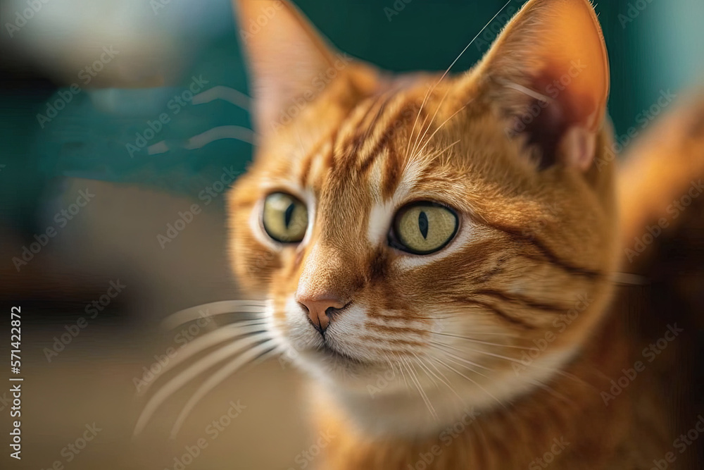 A sweet young domestic ginger tabby cat is seen in a blurred close up photograph looking playfully on a cement board while wearing health and medicine insignia. concept of pet health care with Text sp A sweet young domestic ginger tabby cat is seen in a blurred close up photograph looking playfully on a cement board while wearing health and medicine insignia. concept of pet health care with Text sp