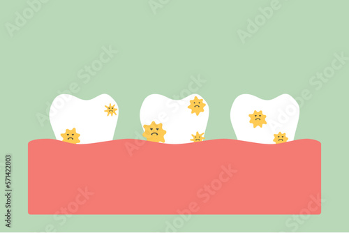 Unhealthy tooth because bacteria, microbe or virus around teeth - dental cartoon vector flat style