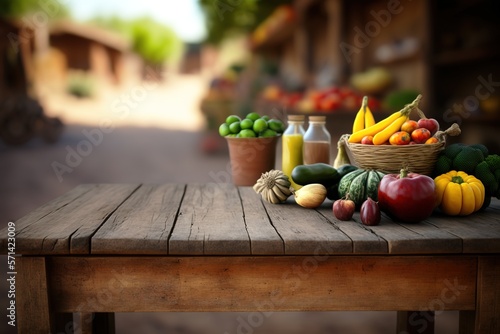 Rustic wooden table with fresh organic veggies and fruits. Focus on foreground with copy space. Generative AI illustration