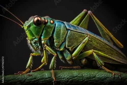 a large, vibrant grasshopper in green. A profile of a cricket with wings and antennae. Nature, amazing animals, and invertebrates. macro shots of insects with numerous legs. Generative AI © 2rogan