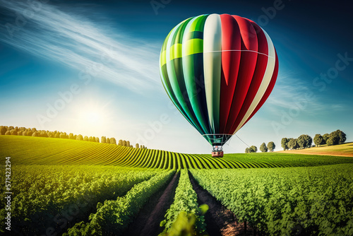 magnificent hot air balloon flying over a green countryside  with a clear blue sky  generative ai