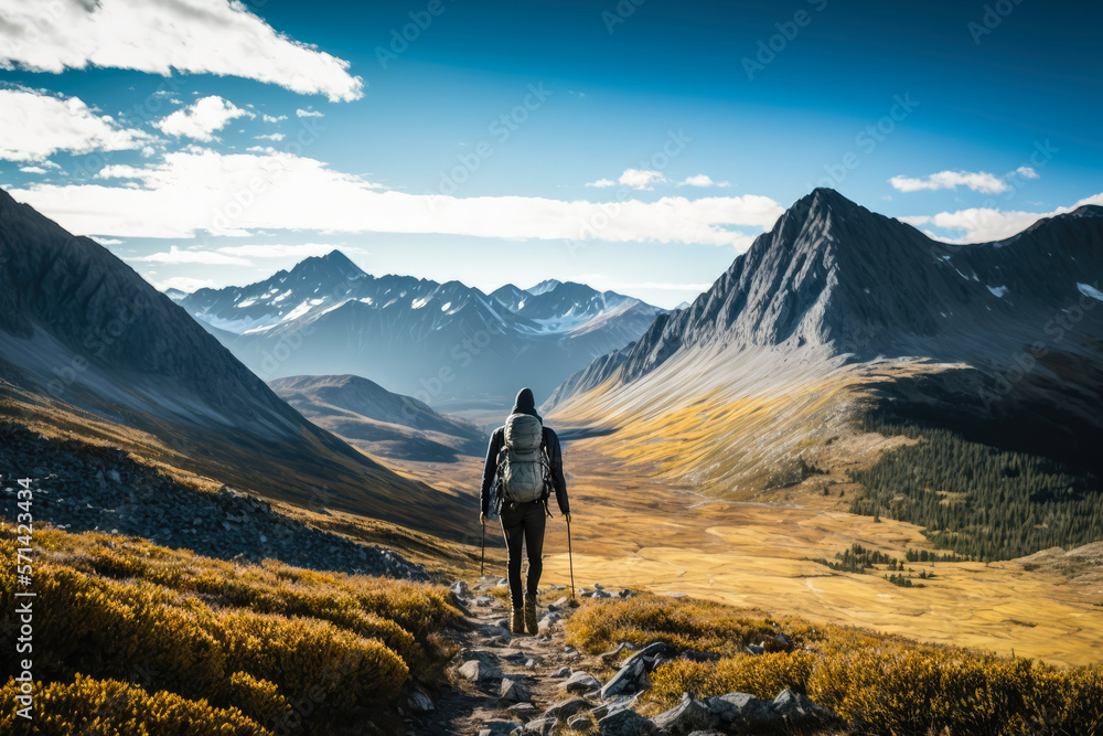 person hiking in a stunning mountain landscape with clean air and clear blue skies, representing the need to preserve natural environments., generative ai