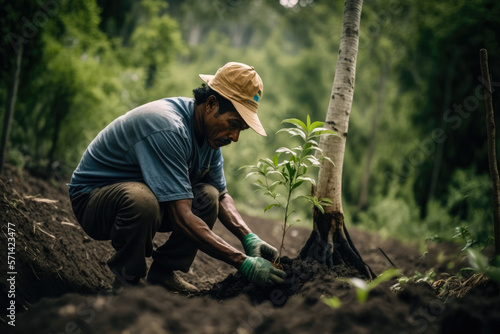 person planting trees in a deforested area, symbolizing a reforestation project for a better tomorrow., generative ai