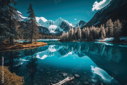 serene lake surrounded by snow-capped mountains and forests, with a clear blue sky above, generative ai
