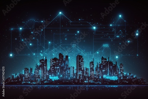 Symbol for a smart city connect with gradient grid line  metaverse notion of connection technology. Big data city banner at night. Generative AI