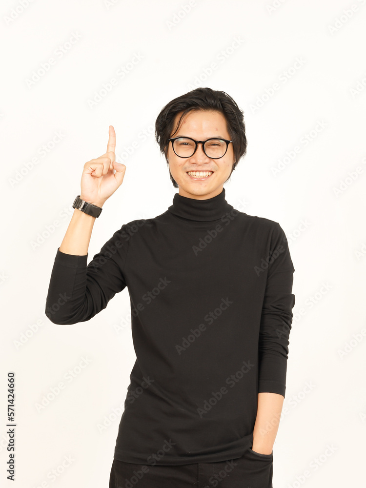 Showing Product and Pointing Up Of Handsome Asian Man Isolated On White Background Showing Product and Pointing Up Of Handsome Asian Man Isolated On White Background