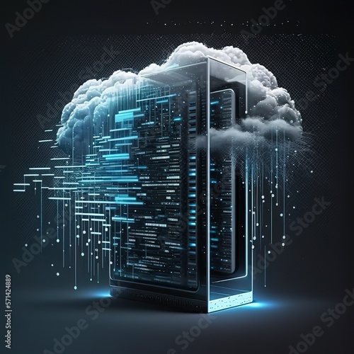 Storage of information on a cloud server. Cloud computing technology concept. Futuristic illustration. Generative art.