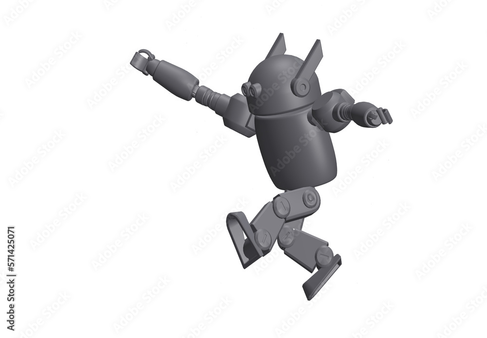 Cute robot moc up with hand up and jumping in the air white background. Technology concept. 3d rendering Cute robot moc up with hand up and jumping in the air white background. Technology concept. 3d rendering