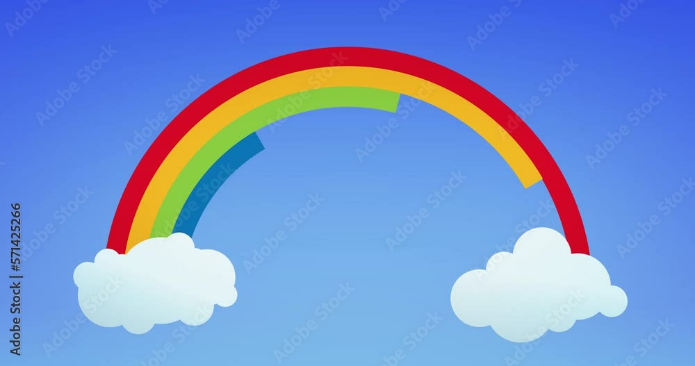 Animation of rainbow and white clouds on blue background Animation of rainbow and white clouds on blue background