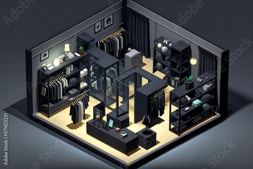 3d isometric clothes shop , Isometric clothes shop. generative ai. black theme