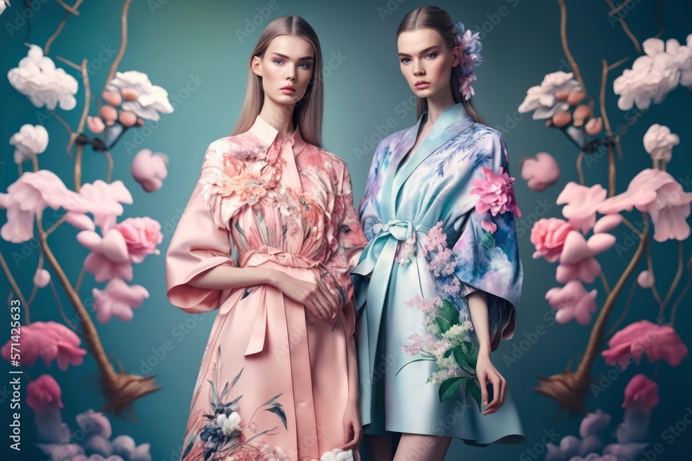 Fototapeta premium Portrait. Two women, fashion models wearing glamorous clothes with a wall of natural flowers in the background. background, minimalist style. Generative AI