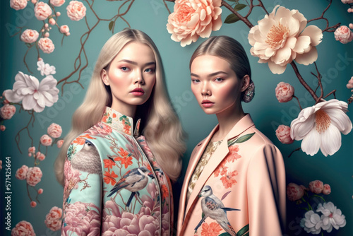 Portrait. Two women, fashion models wearing glamorous clothes with a wall of natural flowers in the background. background, minimalist style. Generative AI
